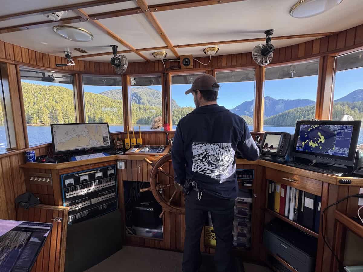 Captain Brian on the Swell maintains an open bridge; guests are welcome to come chat (credit: James Ross).