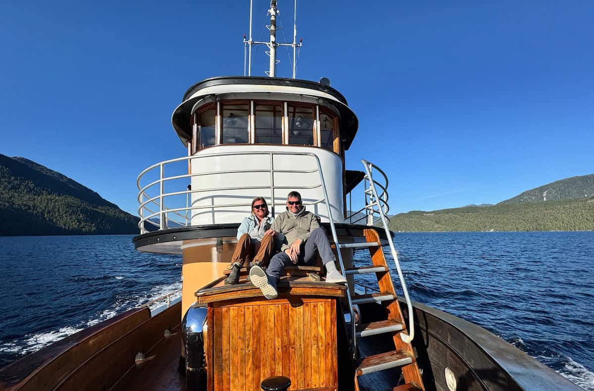 Author and wife hanging out at their favorite place on the tugboat, on the bow looking for wildlife (credit: James Ross)