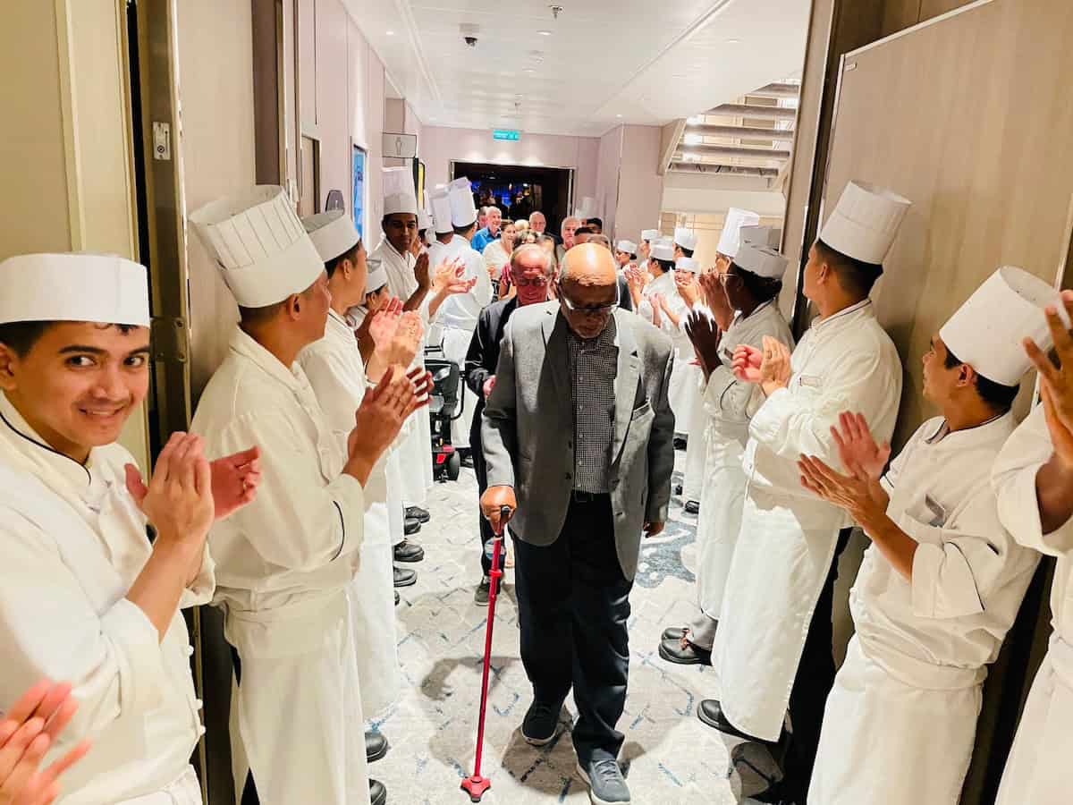 On the final night of the cruise, chefs and cooks line up at the theatre exit to thank the guests. (credit: John & Sandra Nowlan).