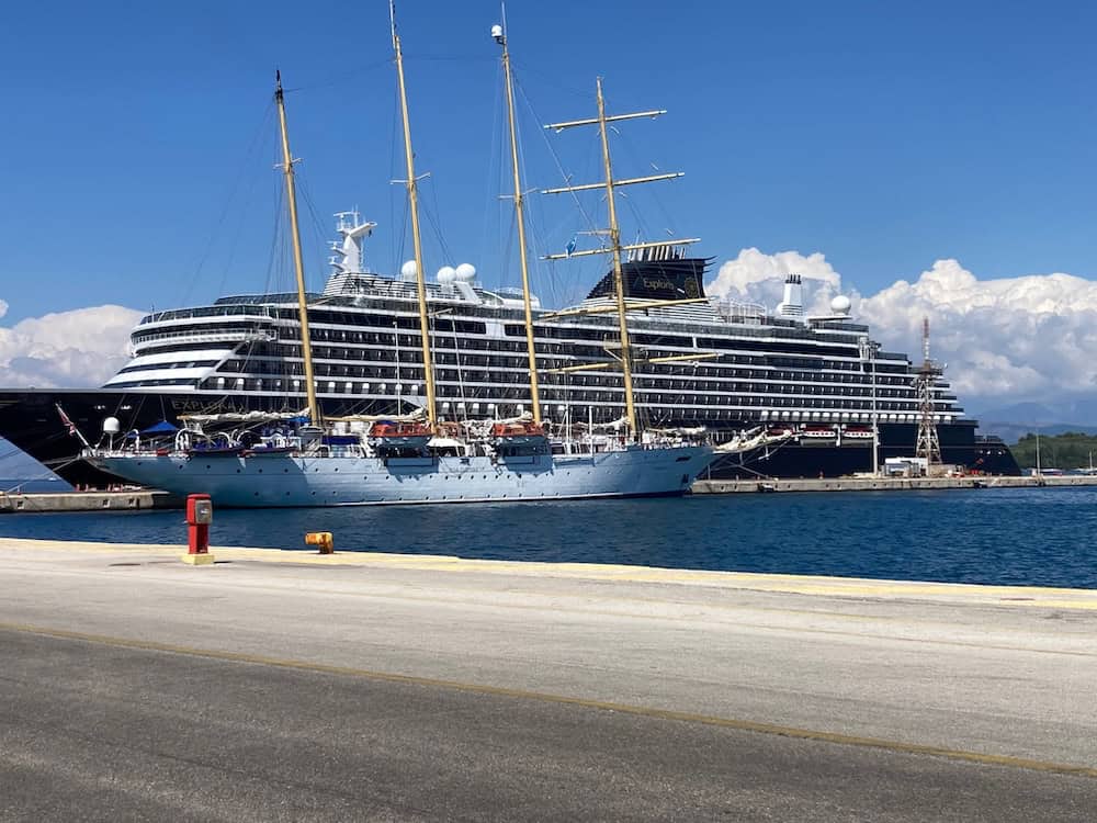 Our Star Flyer clipper beside a cruise ship in the harbor at Corfu (credit: Ali Webb & Keith Kehlbeck)