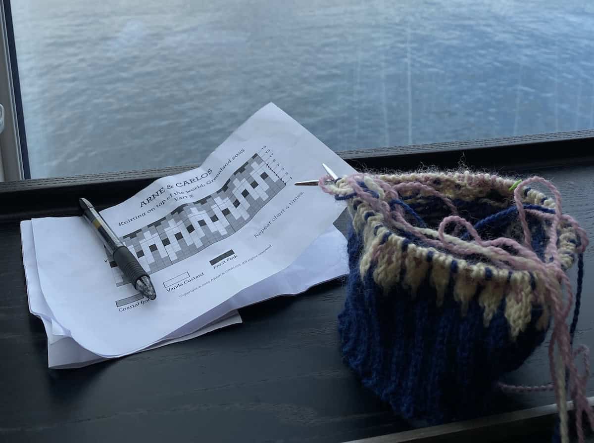Working on my hat on a sea day (credit: Nadine Revheim)