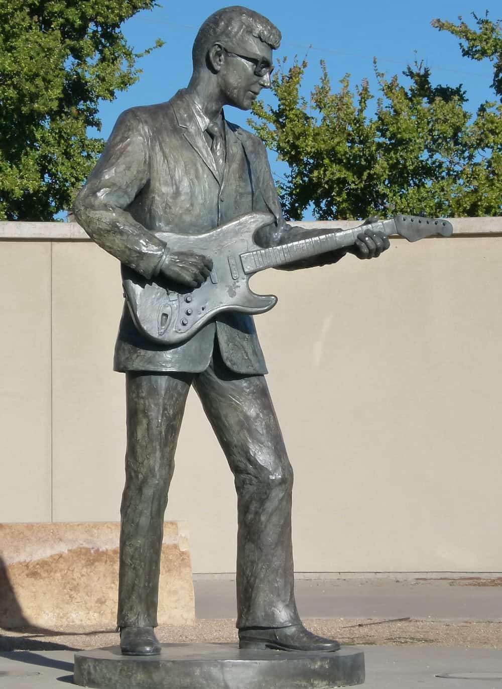 The bronze Buddy Holly statue is located inside Buddy and Maria Elena Holly Plaza on Crickets Avenue (credit: Jackie Sheckler Finch)