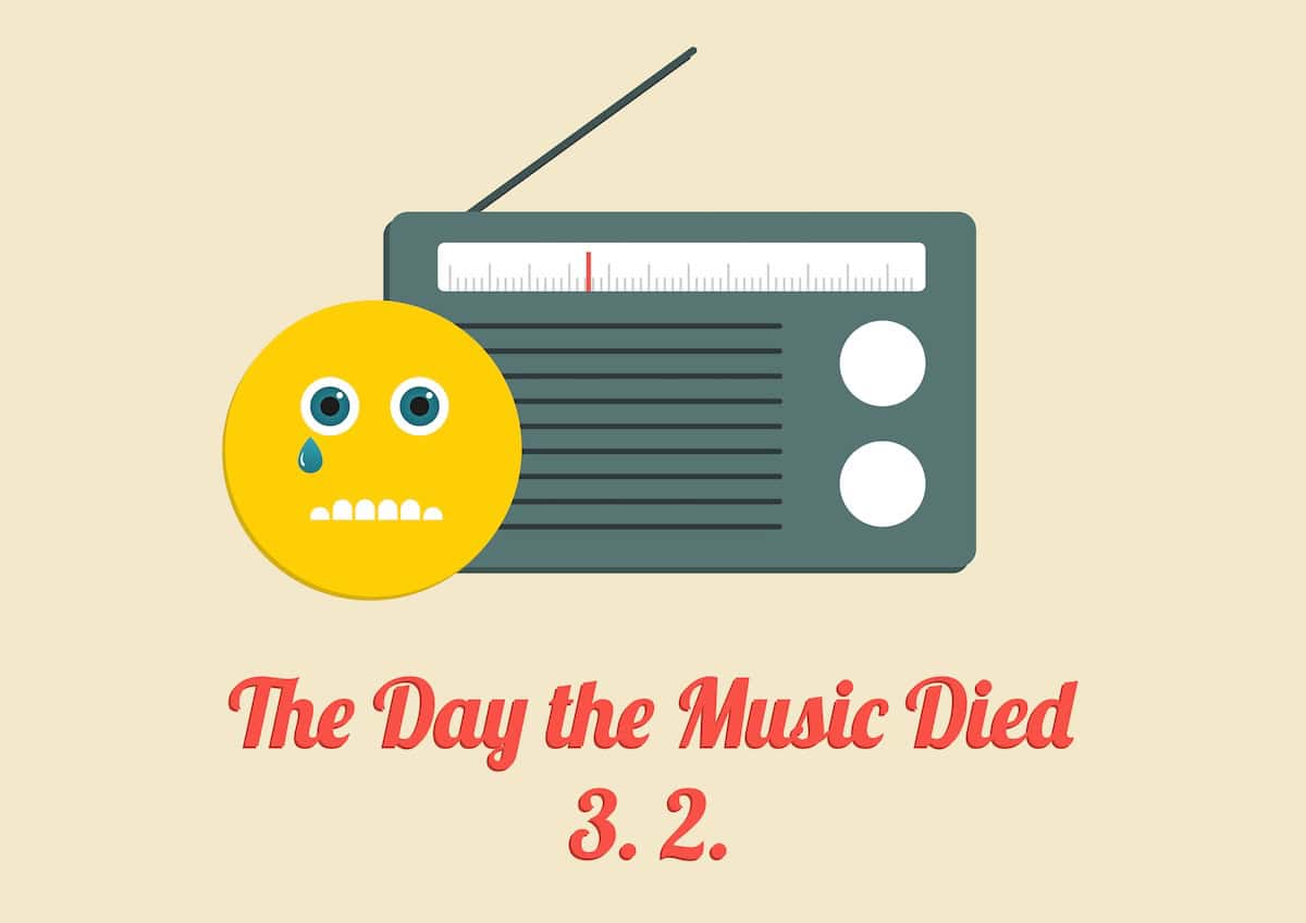 Poster for The Day the Music Died - commemoration of plane crash where Buddy Holly, Ritchie Valens, and J. P. "The Big Bopper" Richardson were killed (credit: Adobe stock)